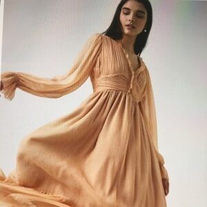 French Connection Akita Pleated Ruffled Long Sleeve Puff MIDI Dress Size 6 Pink